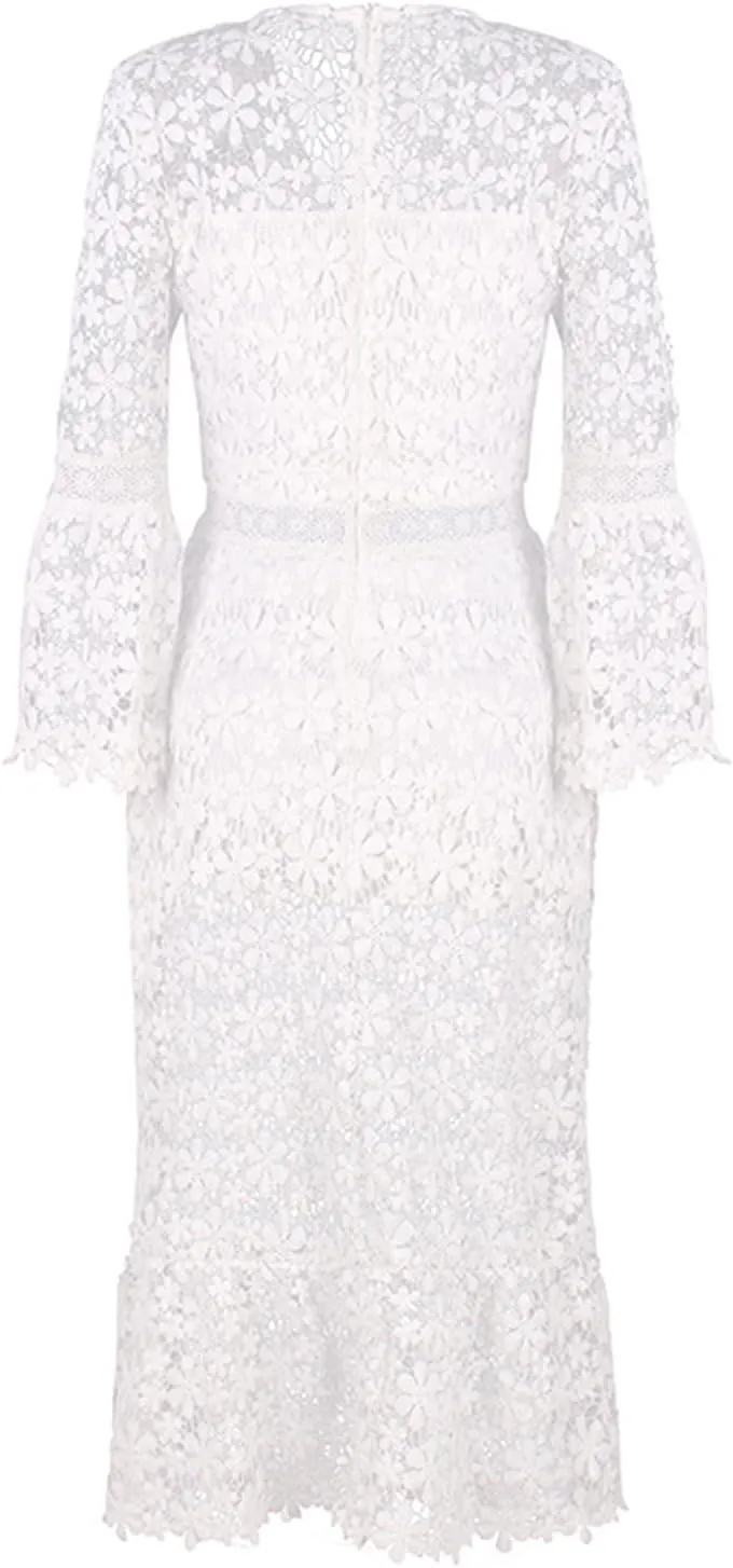 Flare Sleeve Dress for Women Bodycon Mermaid Lace Floral Dresses V-Neck Formal Cocktail Comfy Dress for Wedding Guest