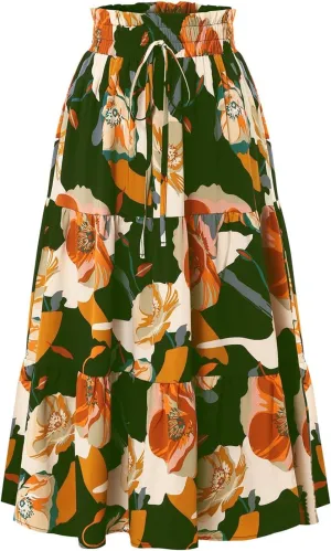 Floral Maxi Skirt for Women Casual Elegant Drawstring Waist Church A Line Skirts Flowy Long Wedding Guest Skorts
