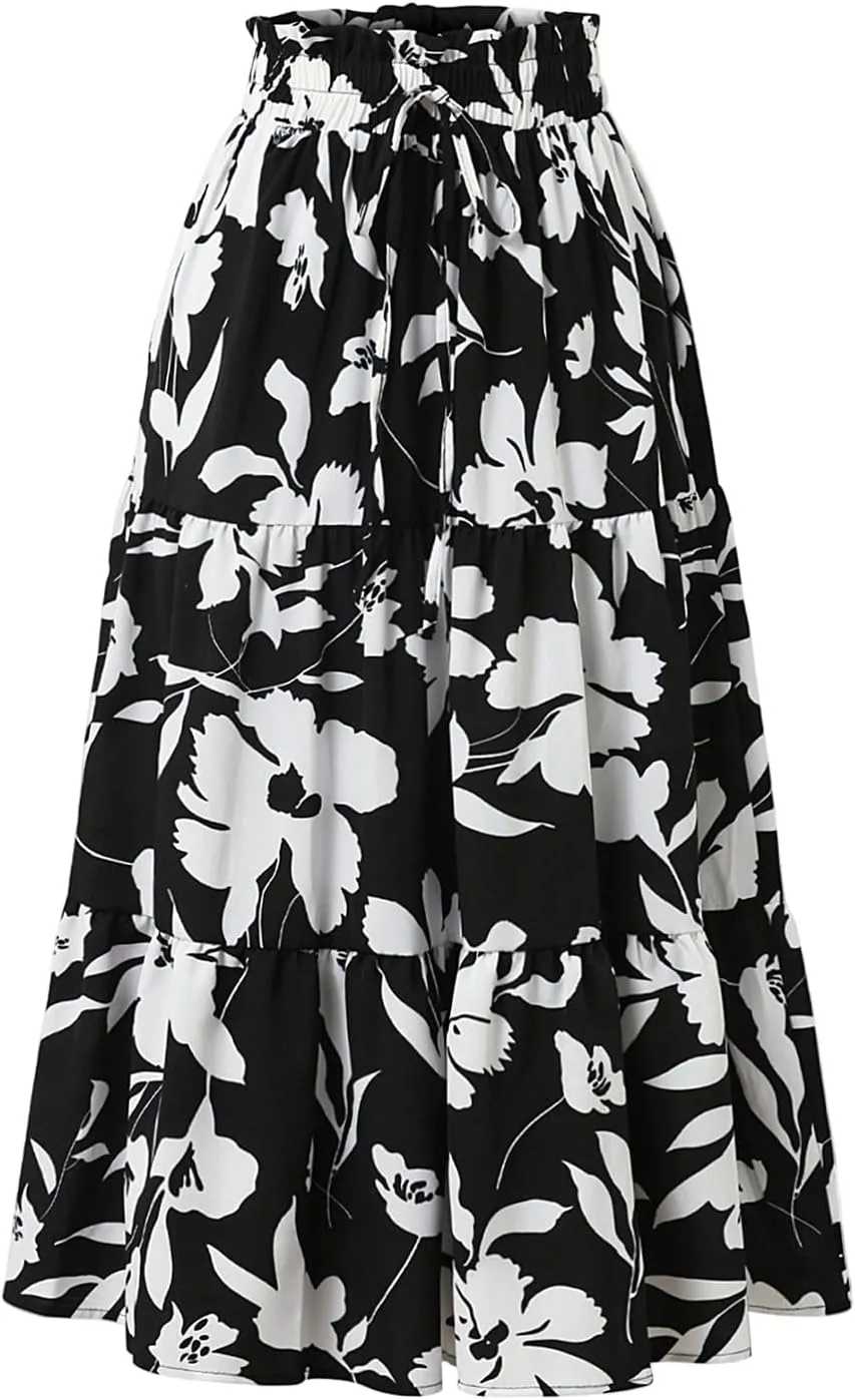 Floral Maxi Skirt for Women Casual Elegant Drawstring Waist Church A Line Skirts Flowy Long Wedding Guest Skorts