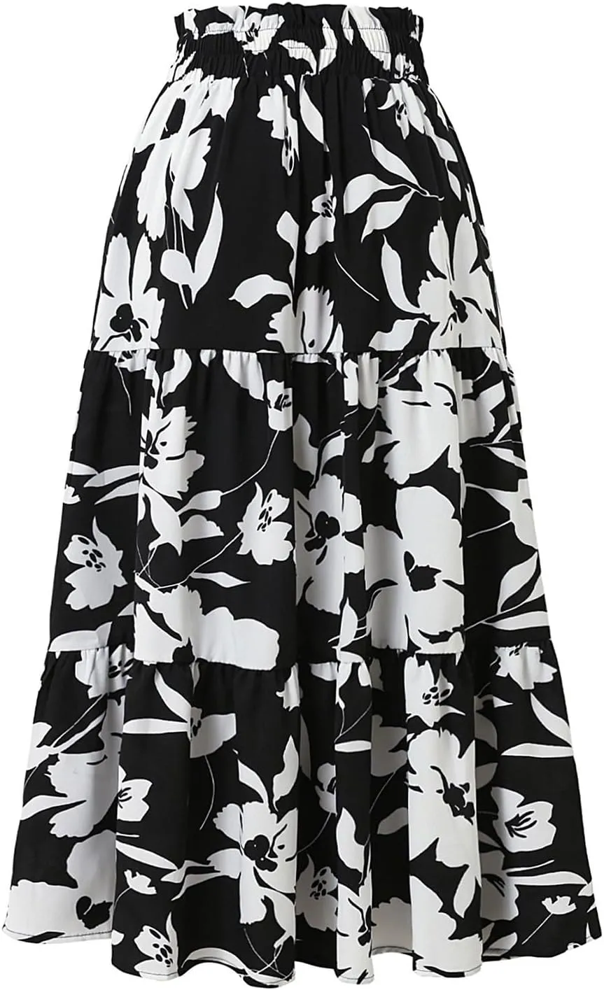 Floral Maxi Skirt for Women Casual Elegant Drawstring Waist Church A Line Skirts Flowy Long Wedding Guest Skorts