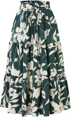 Floral Maxi Skirt for Women Casual Elegant Drawstring Waist Church A Line Skirts Flowy Long Wedding Guest Skorts