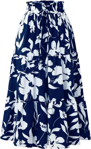 Floral Maxi Skirt for Women Casual Elegant Drawstring Waist Church A Line Skirts Flowy Long Wedding Guest Skorts