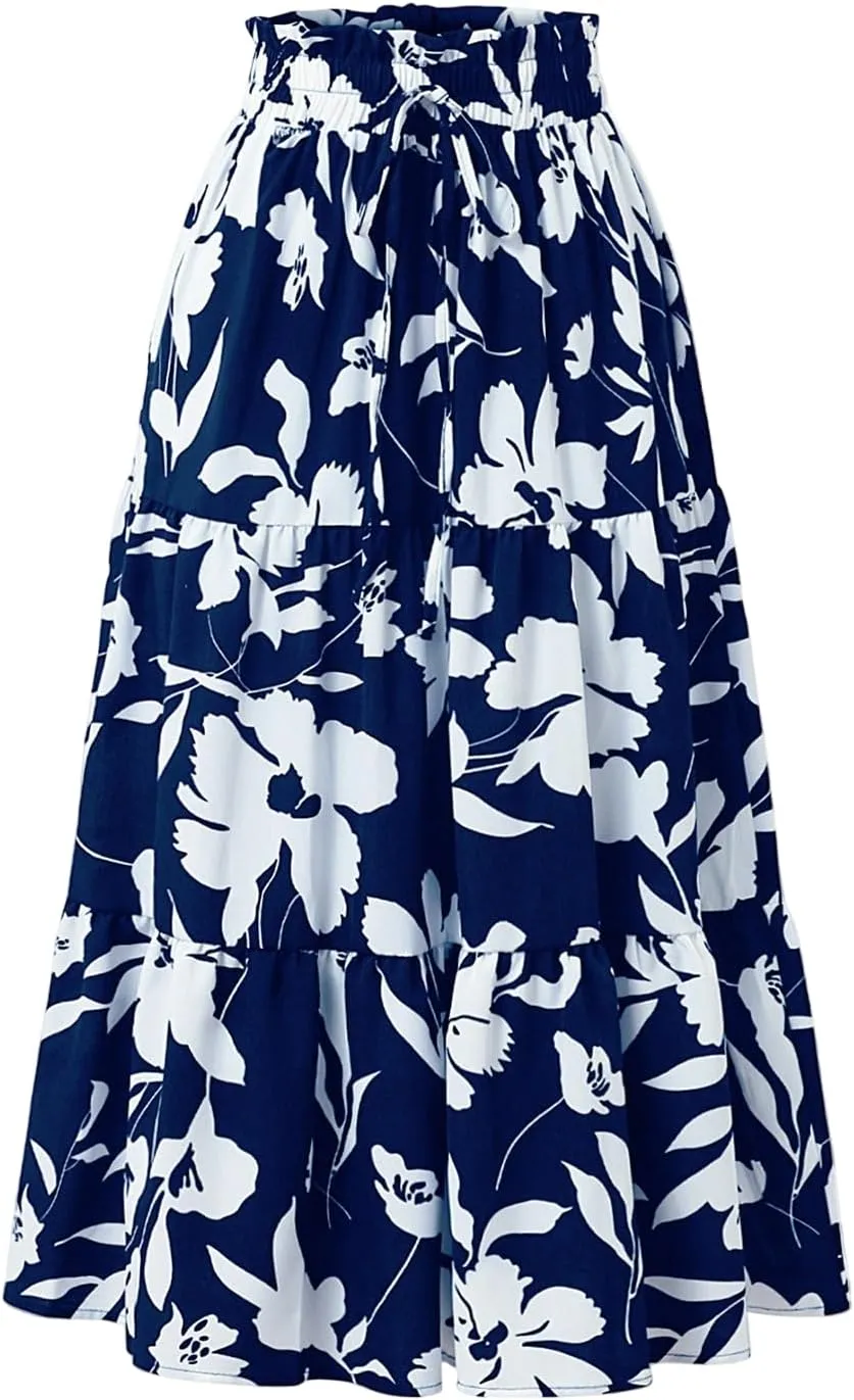 Floral Maxi Skirt for Women Casual Elegant Drawstring Waist Church A Line Skirts Flowy Long Wedding Guest Skorts