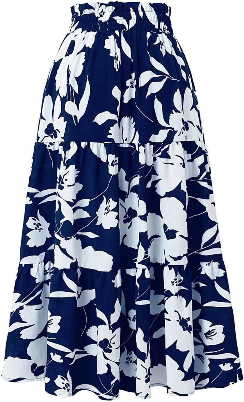 Floral Maxi Skirt for Women Casual Elegant Drawstring Waist Church A Line Skirts Flowy Long Wedding Guest Skorts