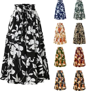 Floral Maxi Skirt for Women Casual Elegant Drawstring Waist Church A Line Skirts Flowy Long Wedding Guest Skorts