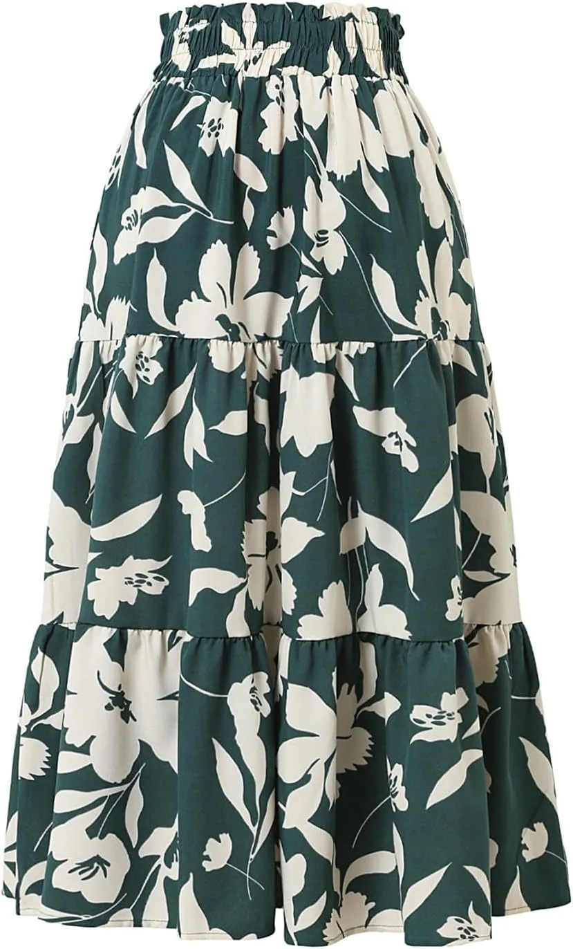 Floral Maxi Skirt for Women Casual Elegant Drawstring Waist Church A Line Skirts Flowy Long Wedding Guest Skorts