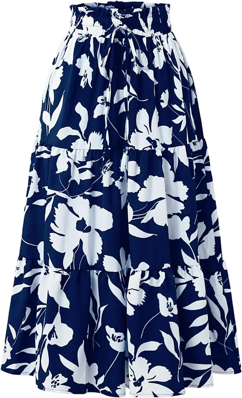 Floral Maxi Skirt for Women Casual Elegant Drawstring Waist Church A Line Skirts Flowy Long Wedding Guest Skorts