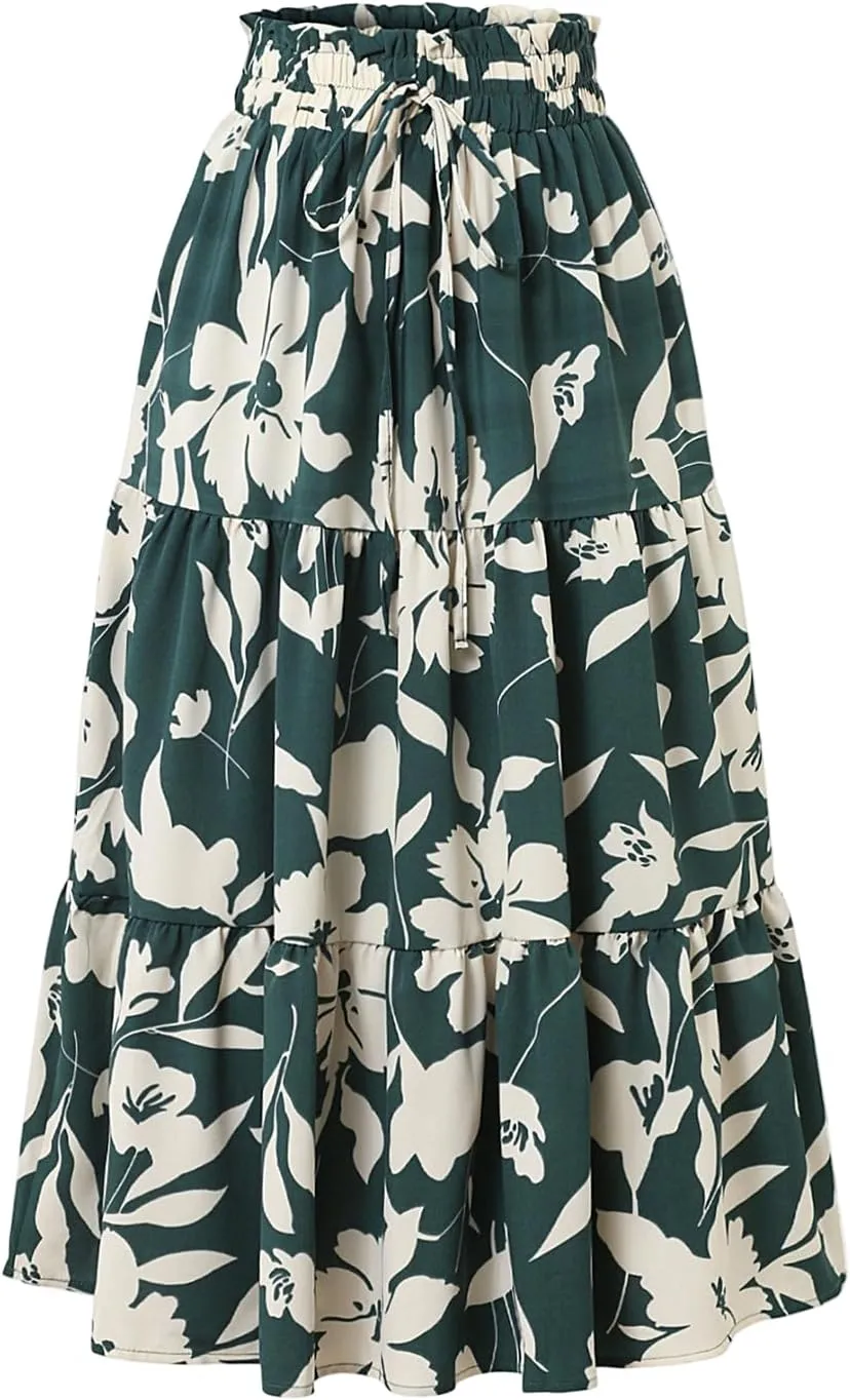 Floral Maxi Skirt for Women Casual Elegant Drawstring Waist Church A Line Skirts Flowy Long Wedding Guest Skorts