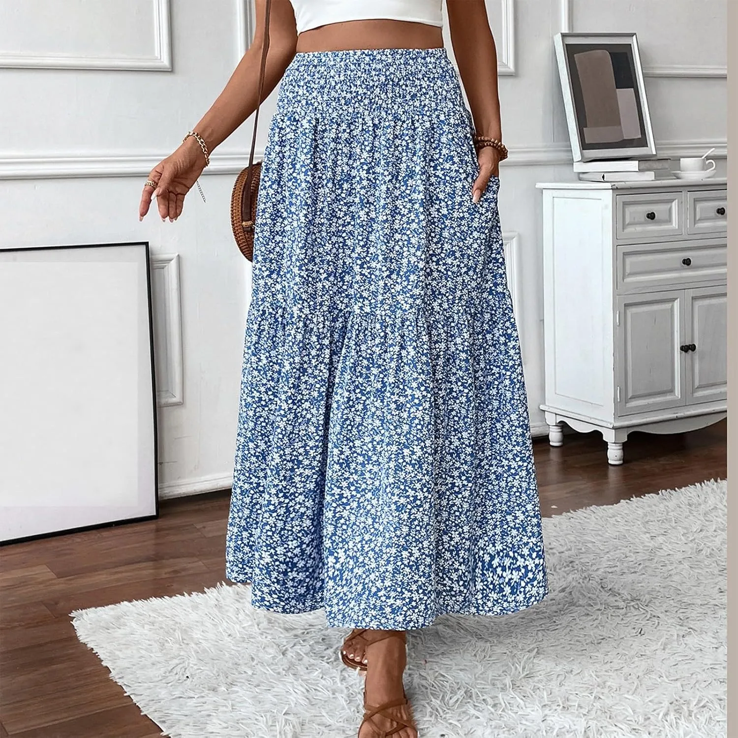 Floral Maxi Skirts for Women Casual Summer Elastic High Waisted Skirts Tiered Flowy A Line Long Skirt with Pockets