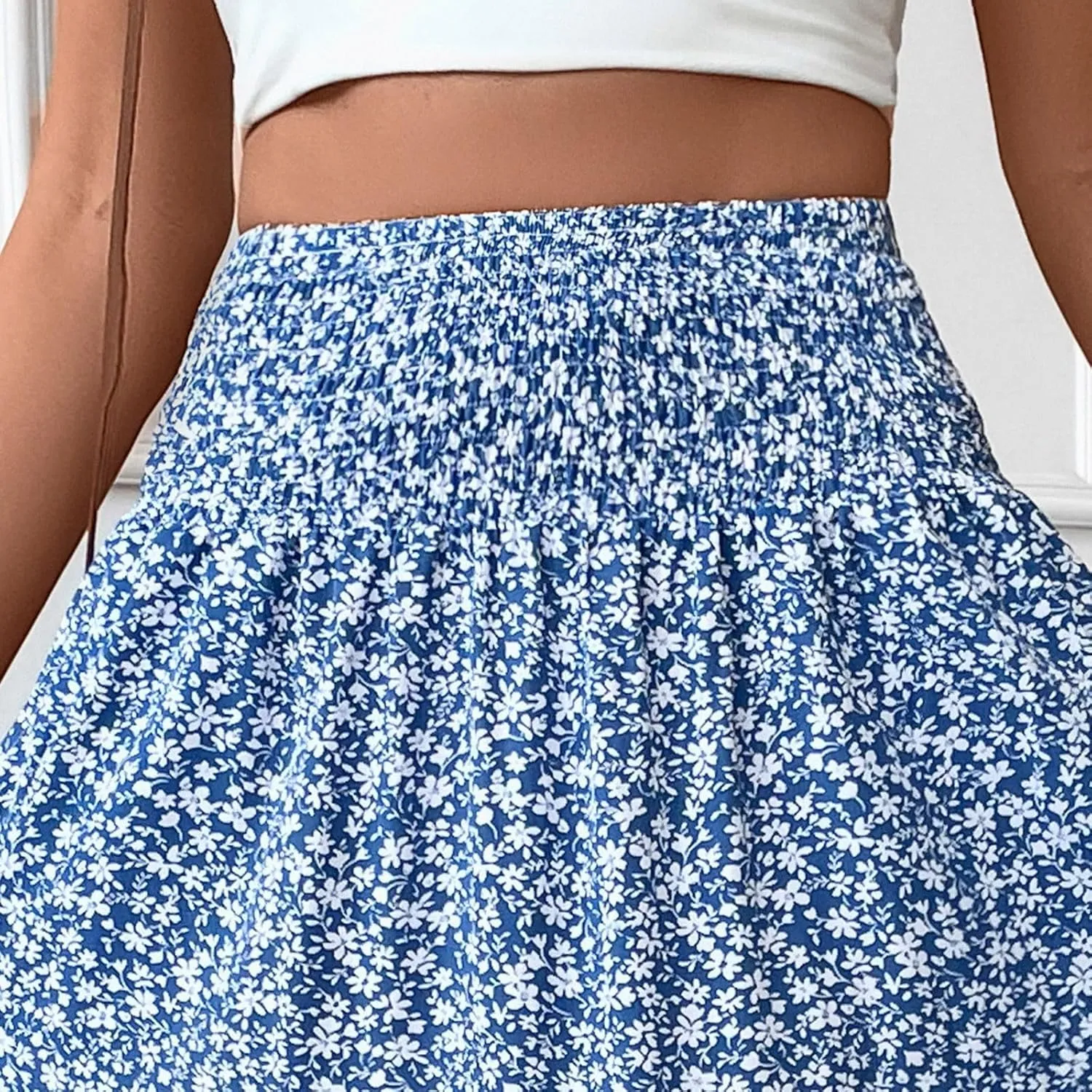 Floral Maxi Skirts for Women Casual Summer Elastic High Waisted Skirts Tiered Flowy A Line Long Skirt with Pockets