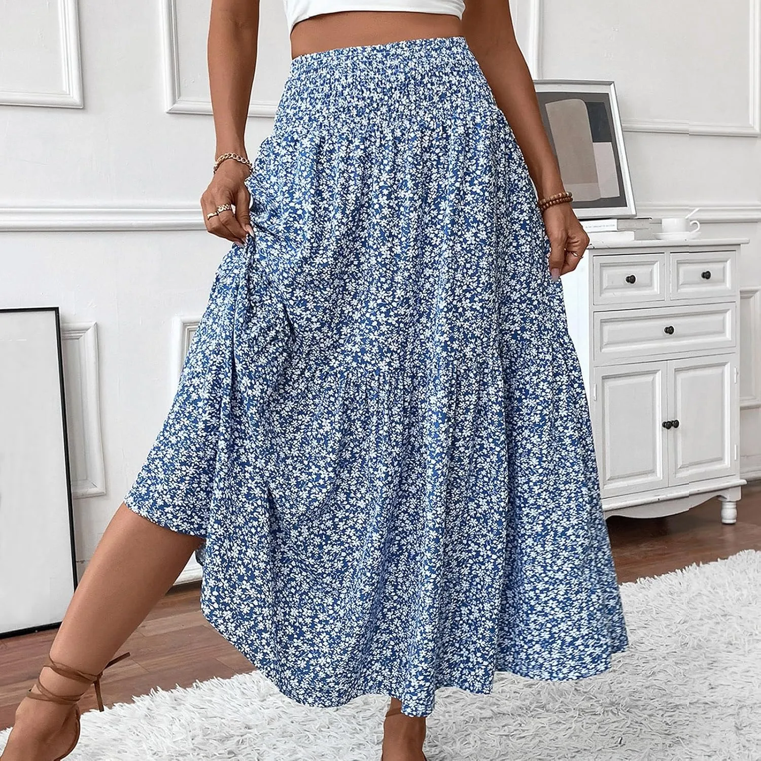 Floral Maxi Skirts for Women Casual Summer Elastic High Waisted Skirts Tiered Flowy A Line Long Skirt with Pockets