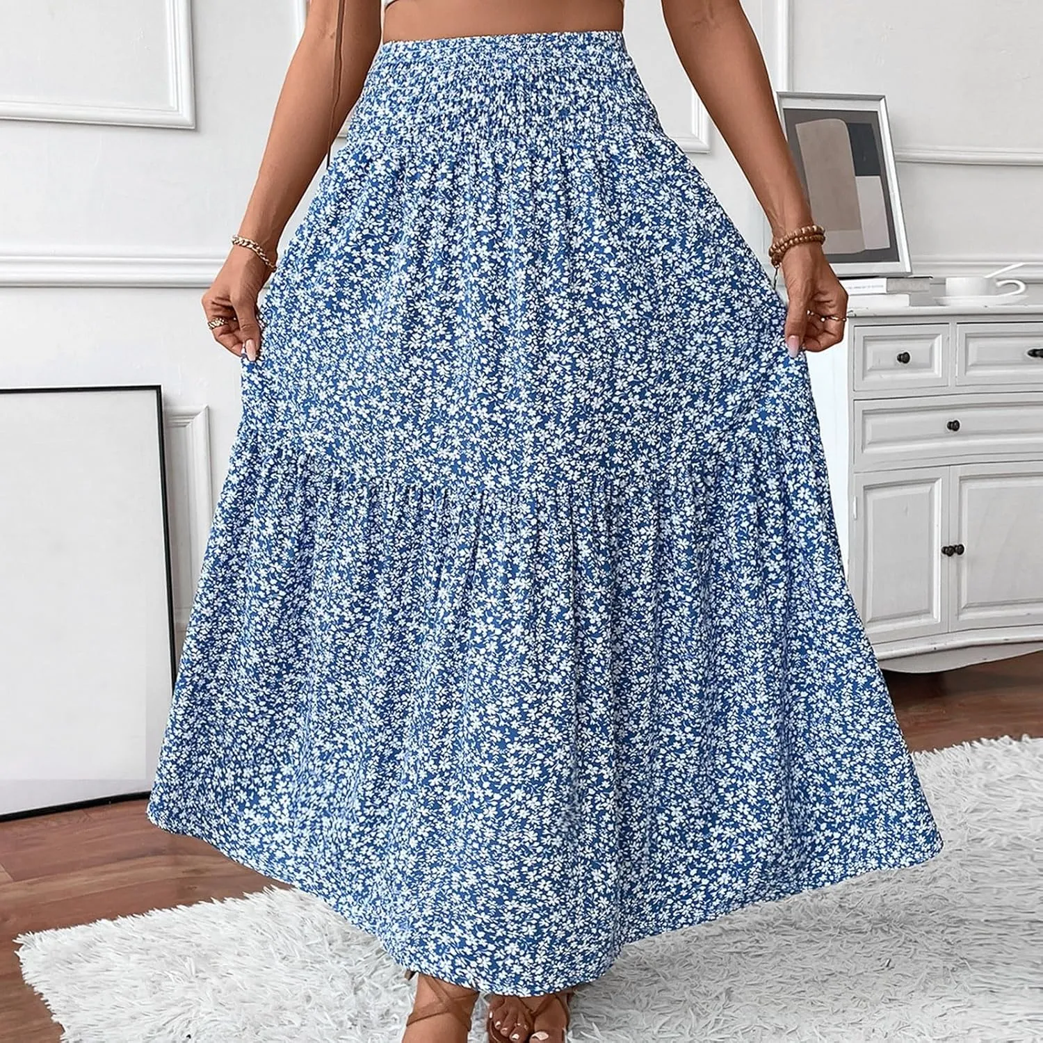 Floral Maxi Skirts for Women Casual Summer Elastic High Waisted Skirts Tiered Flowy A Line Long Skirt with Pockets