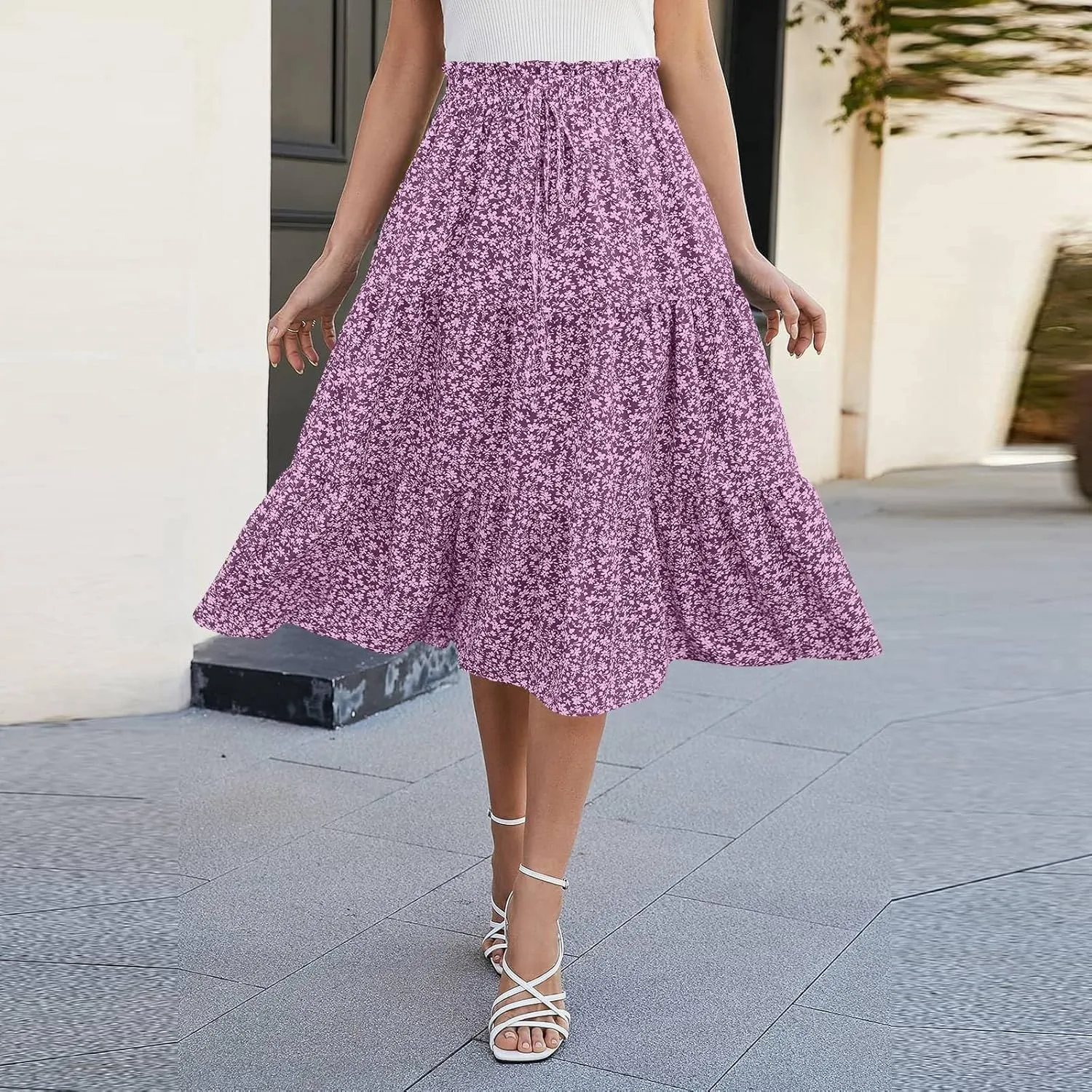 Floral Midi Skirts for Women Summer Flowy Tiered Skirt Drawstring Summer Knee Length A Line Skirts with Pockets