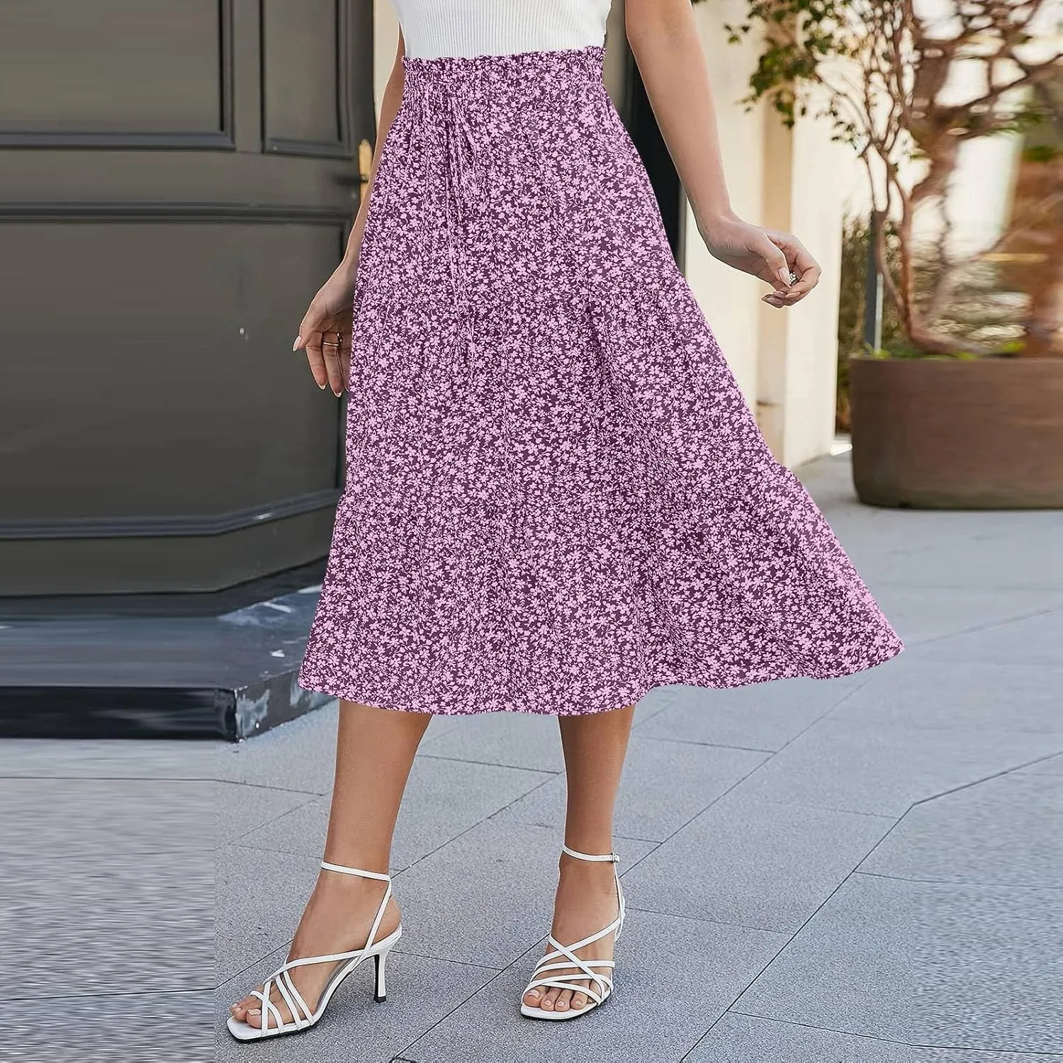 Floral Midi Skirts for Women Summer Flowy Tiered Skirt Drawstring Summer Knee Length A Line Skirts with Pockets