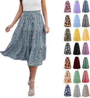 Floral Midi Skirts for Women Summer Flowy Tiered Skirt Drawstring Summer Knee Length A Line Skirts with Pockets