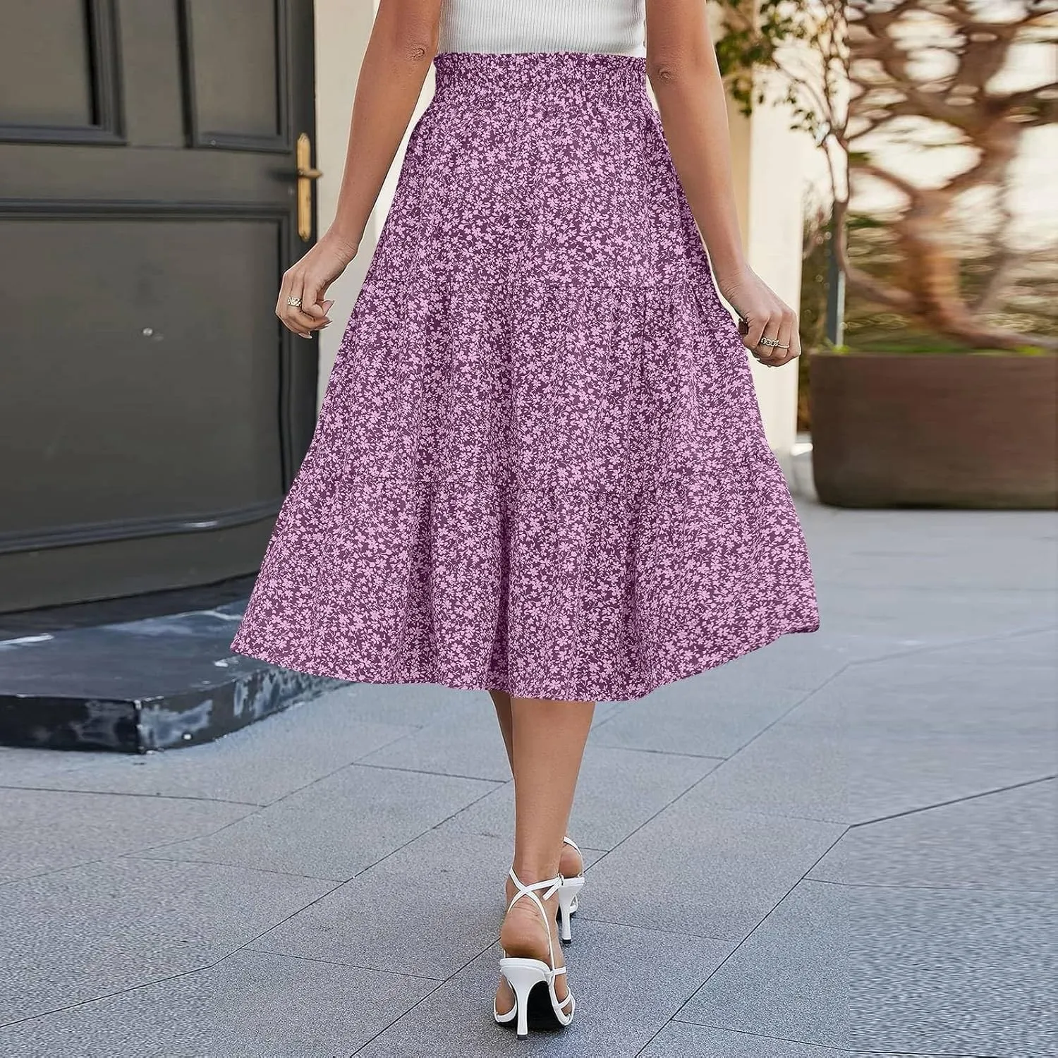 Floral Midi Skirts for Women Summer Flowy Tiered Skirt Drawstring Summer Knee Length A Line Skirts with Pockets