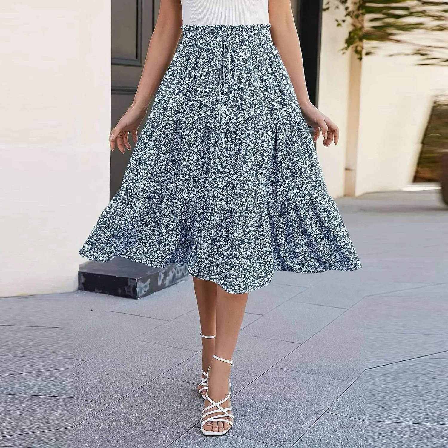 Floral Midi Skirts for Women Summer Flowy Tiered Skirt Drawstring Summer Knee Length A Line Skirts with Pockets