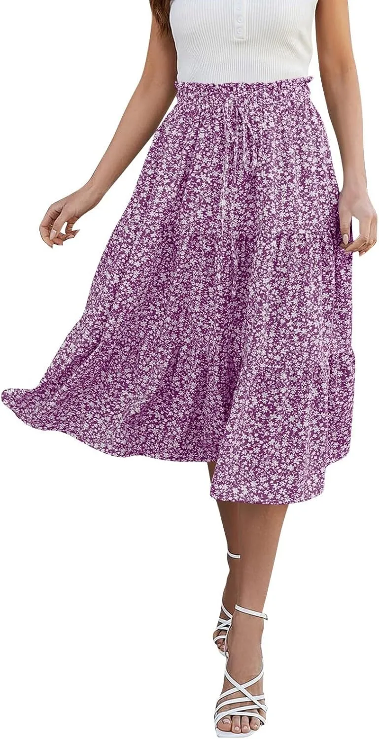 Floral Midi Skirts for Women Summer Flowy Tiered Skirt Drawstring Summer Knee Length A Line Skirts with Pockets