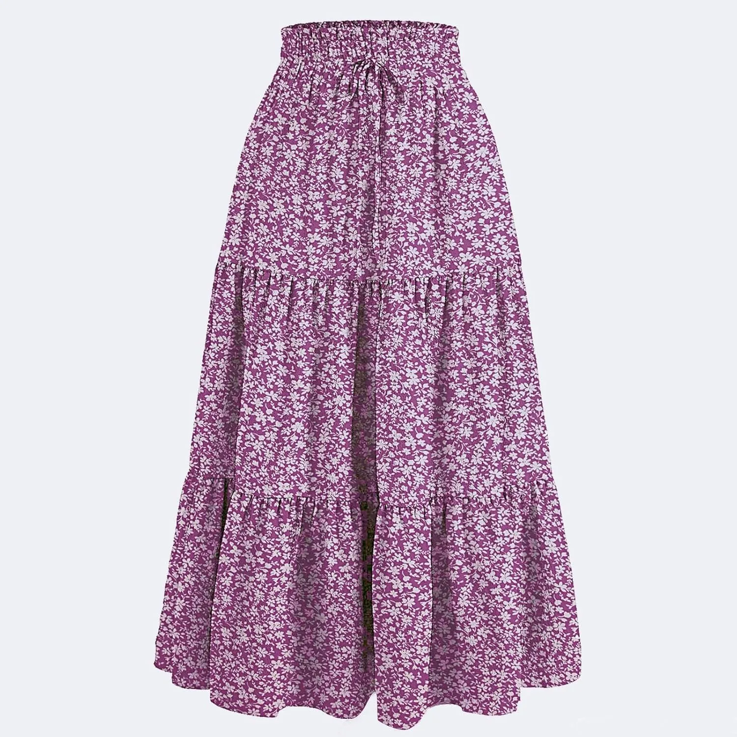 Floral Midi Skirts for Women Summer Flowy Tiered Skirt Drawstring Summer Knee Length A Line Skirts with Pockets