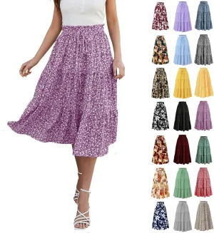 Floral Midi Skirts for Women Summer Flowy Tiered Skirt Drawstring Summer Knee Length A Line Skirts with Pockets