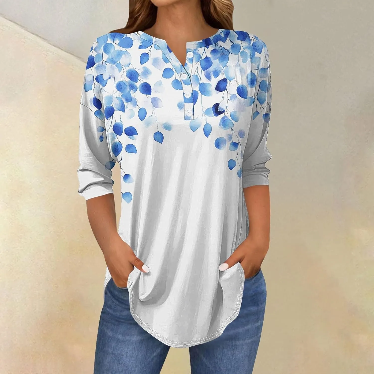 Floral Print 3/4 Length Sleeve Womens Tops 2025 Summer Henley Buttons V Neck Shirts Trendy Flowy Tunic Blouse Tees