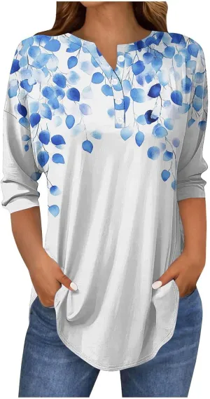 Floral Print 3/4 Length Sleeve Womens Tops 2025 Summer Henley Buttons V Neck Shirts Trendy Flowy Tunic Blouse Tees