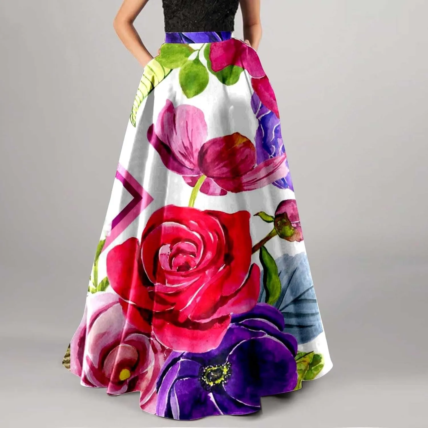 Floral Printed Maxi Skirts for Women High Waisted Long Skirts Boho Floor Length Flowy A Line Maxi Skirt with Pockets