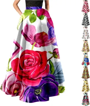 Floral Printed Maxi Skirts for Women High Waisted Long Skirts Boho Floor Length Flowy A Line Maxi Skirt with Pockets