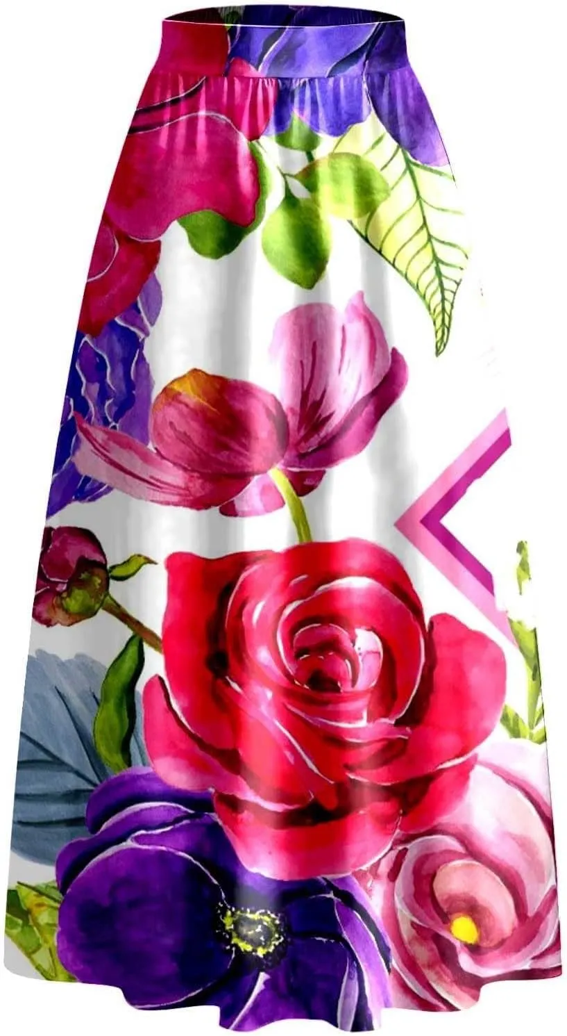 Floral Printed Maxi Skirts for Women High Waisted Long Skirts Boho Floor Length Flowy A Line Maxi Skirt with Pockets