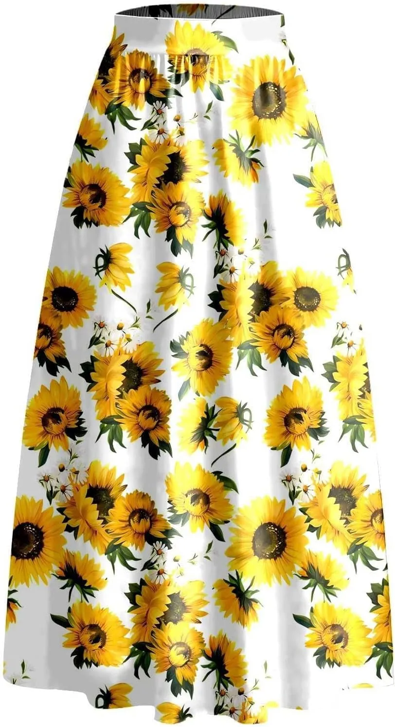 Floral Printed Maxi Skirts for Women High Waisted Long Skirts Boho Floor Length Flowy A Line Maxi Skirt with Pockets