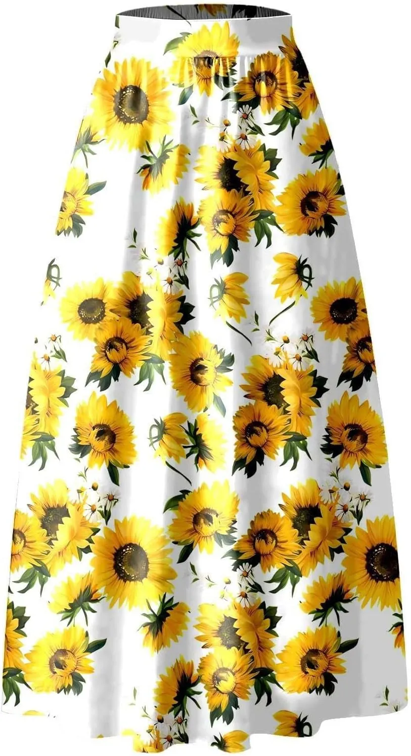 Floral Printed Maxi Skirts for Women High Waisted Long Skirts Boho Floor Length Flowy A Line Maxi Skirt with Pockets
