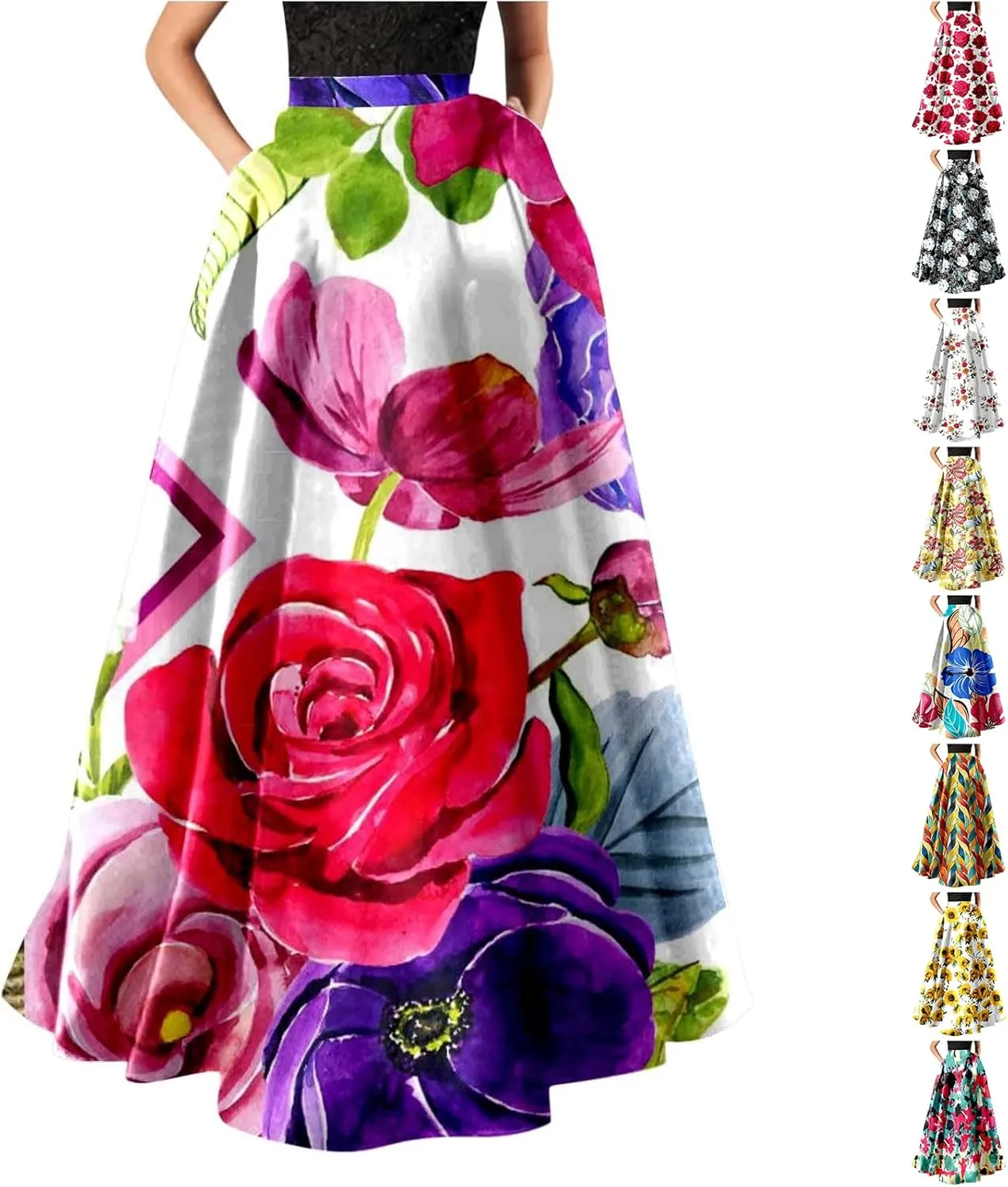 Floral Printed Maxi Skirts for Women High Waisted Long Skirts Boho Floor Length Flowy A Line Maxi Skirt with Pockets