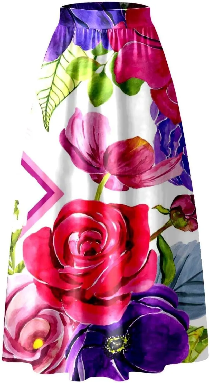 Floral Printed Maxi Skirts for Women High Waisted Long Skirts Boho Floor Length Flowy A Line Maxi Skirt with Pockets