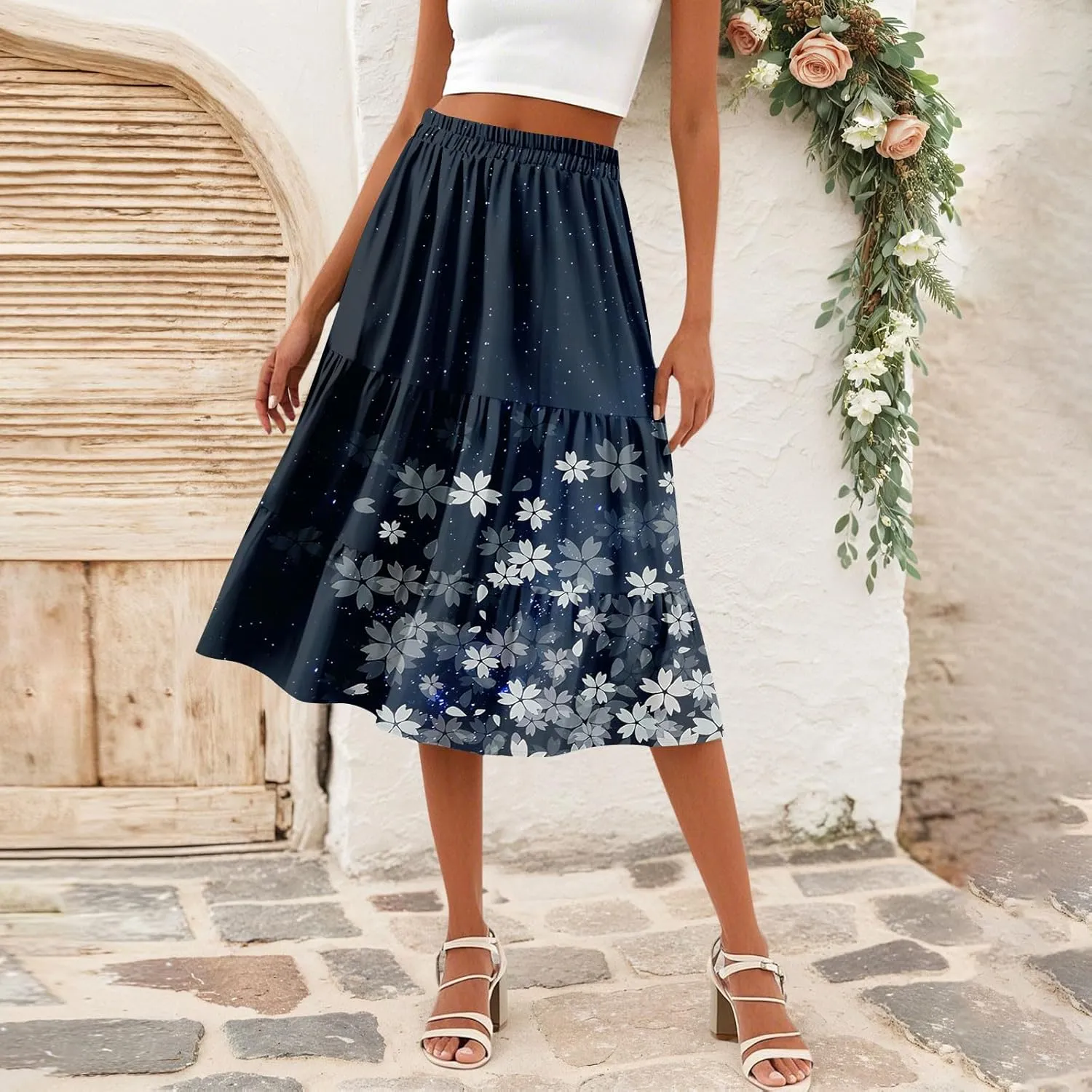 Floral Skirts for Women Boho Flowy Beach Calf Length Midi Skirt Vacation Tiered Elastic High Waisted Skirts Spring