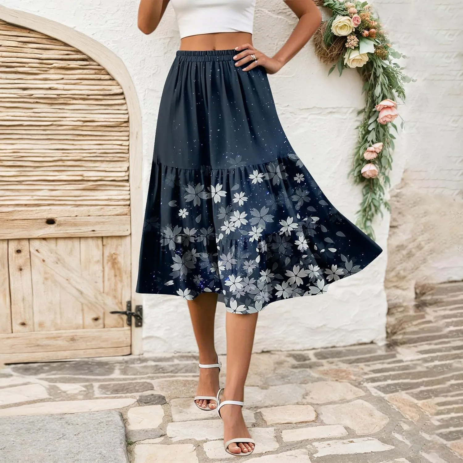Floral Skirts for Women Boho Flowy Beach Calf Length Midi Skirt Vacation Tiered Elastic High Waisted Skirts Spring