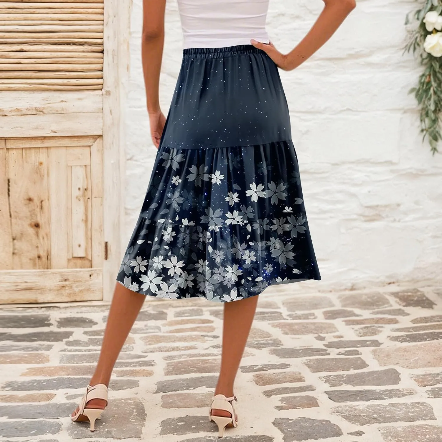 Floral Skirts for Women Boho Flowy Beach Calf Length Midi Skirt Vacation Tiered Elastic High Waisted Skirts Spring