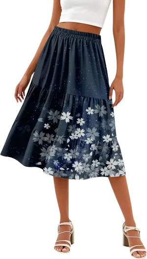 Floral Skirts for Women Boho Flowy Beach Calf Length Midi Skirt Vacation Tiered Elastic High Waisted Skirts Spring