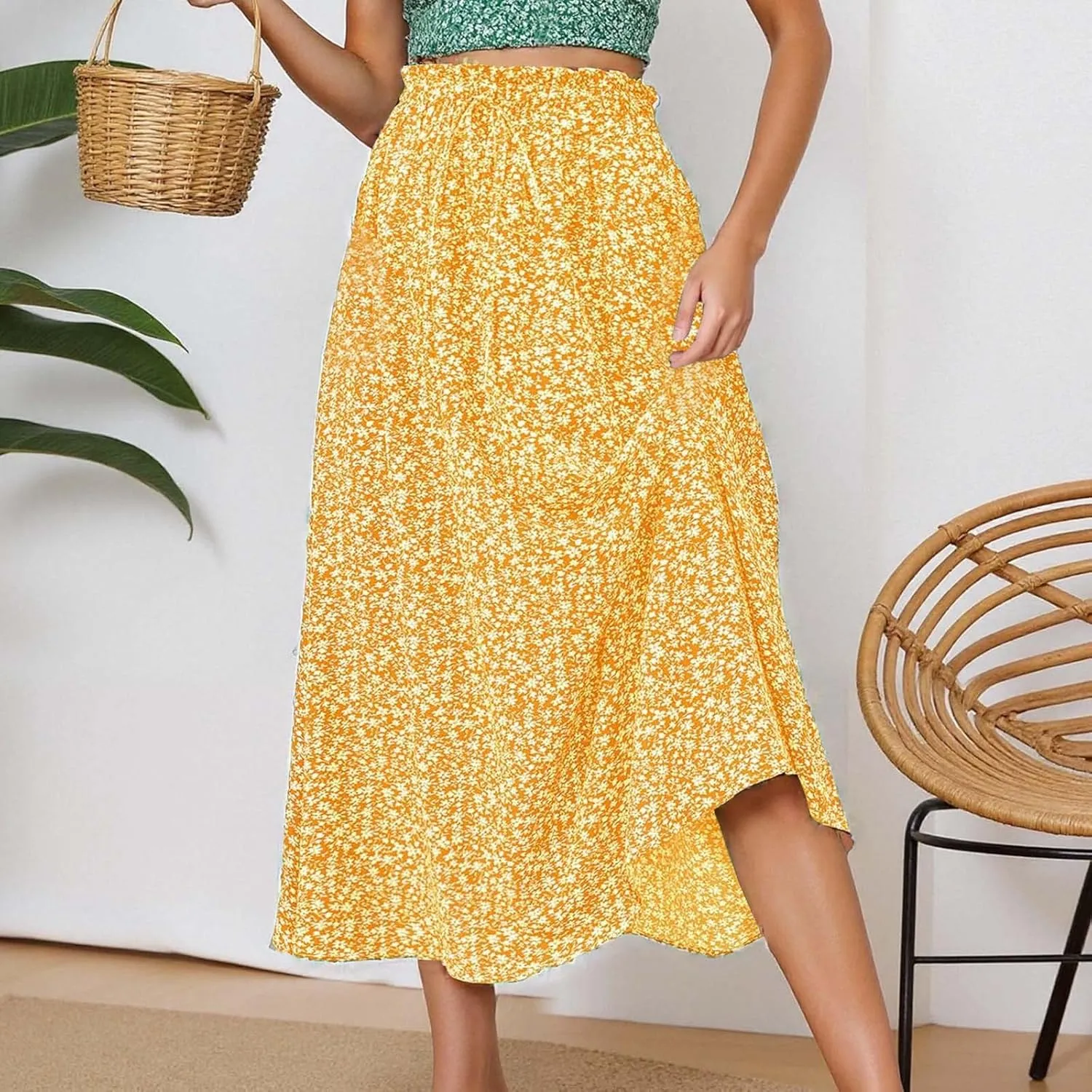 Floral Skirts for Women Midi Length Drawstring High Waisted Flowy Maxi Skirt Lightweight A Line Midi Skorts Trendy