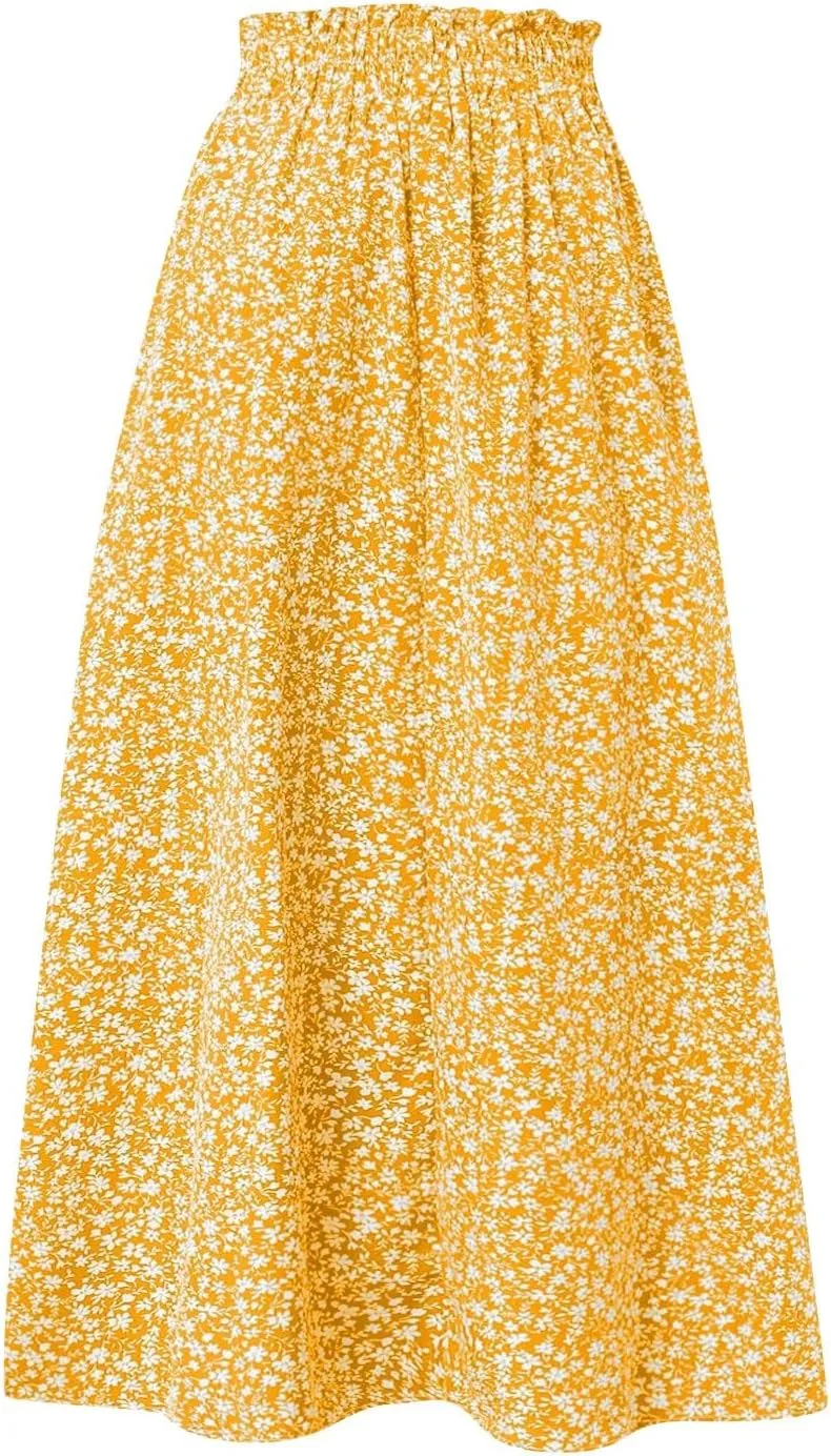 Floral Skirts for Women Midi Length Drawstring High Waisted Flowy Maxi Skirt Lightweight A Line Midi Skorts Trendy