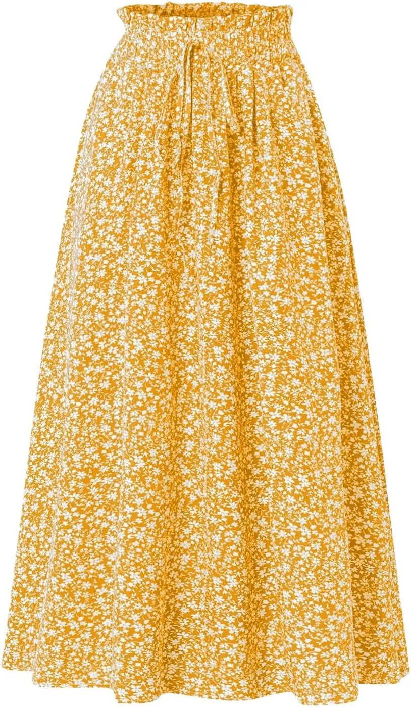 Floral Skirts for Women Midi Length Drawstring High Waisted Flowy Maxi Skirt Lightweight A Line Midi Skorts Trendy