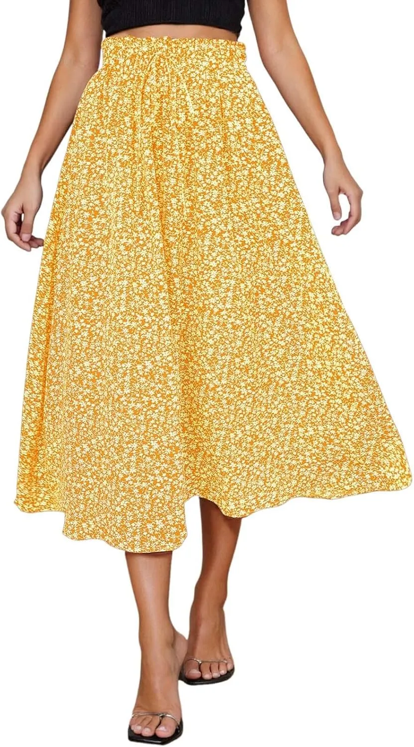 Floral Skirts for Women Midi Length Drawstring High Waisted Flowy Maxi Skirt Lightweight A Line Midi Skorts Trendy