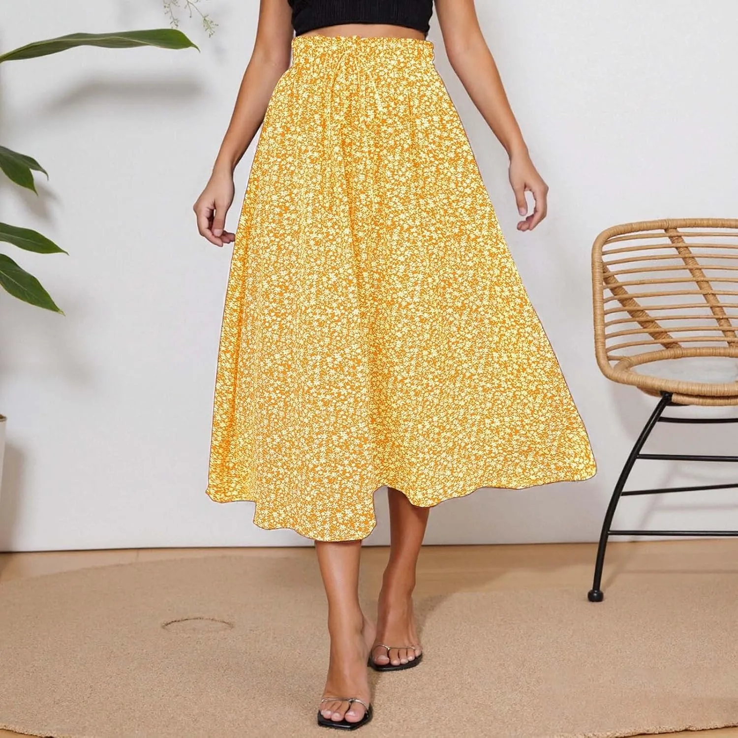 Floral Skirts for Women Midi Length Drawstring High Waisted Flowy Maxi Skirt Lightweight A Line Midi Skorts Trendy