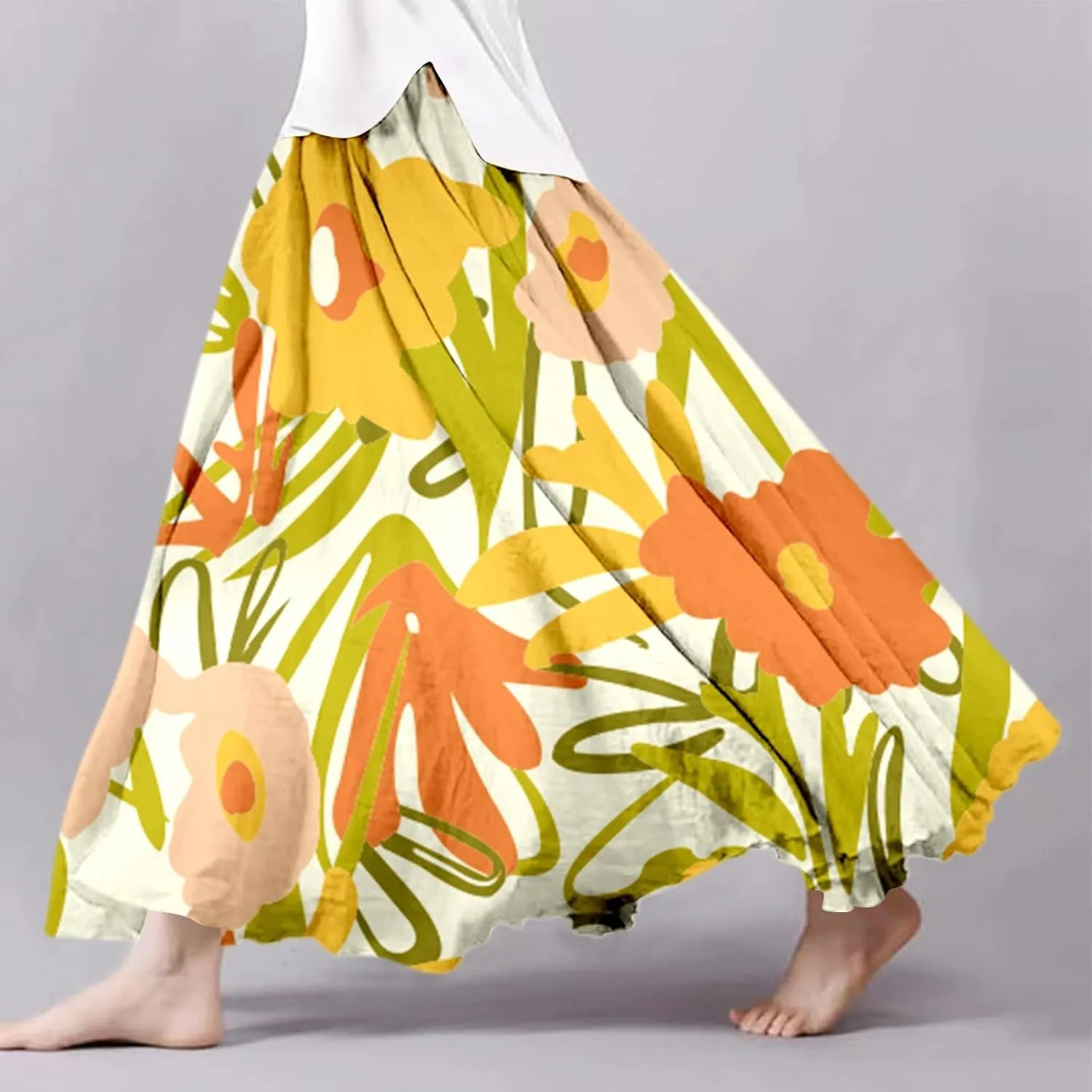 Flowy Skirts for Women Linen Tiered Ruffle Floral Long Skirt Flowy Summer 2025 High Waist Boho A Line Maxi Skorts