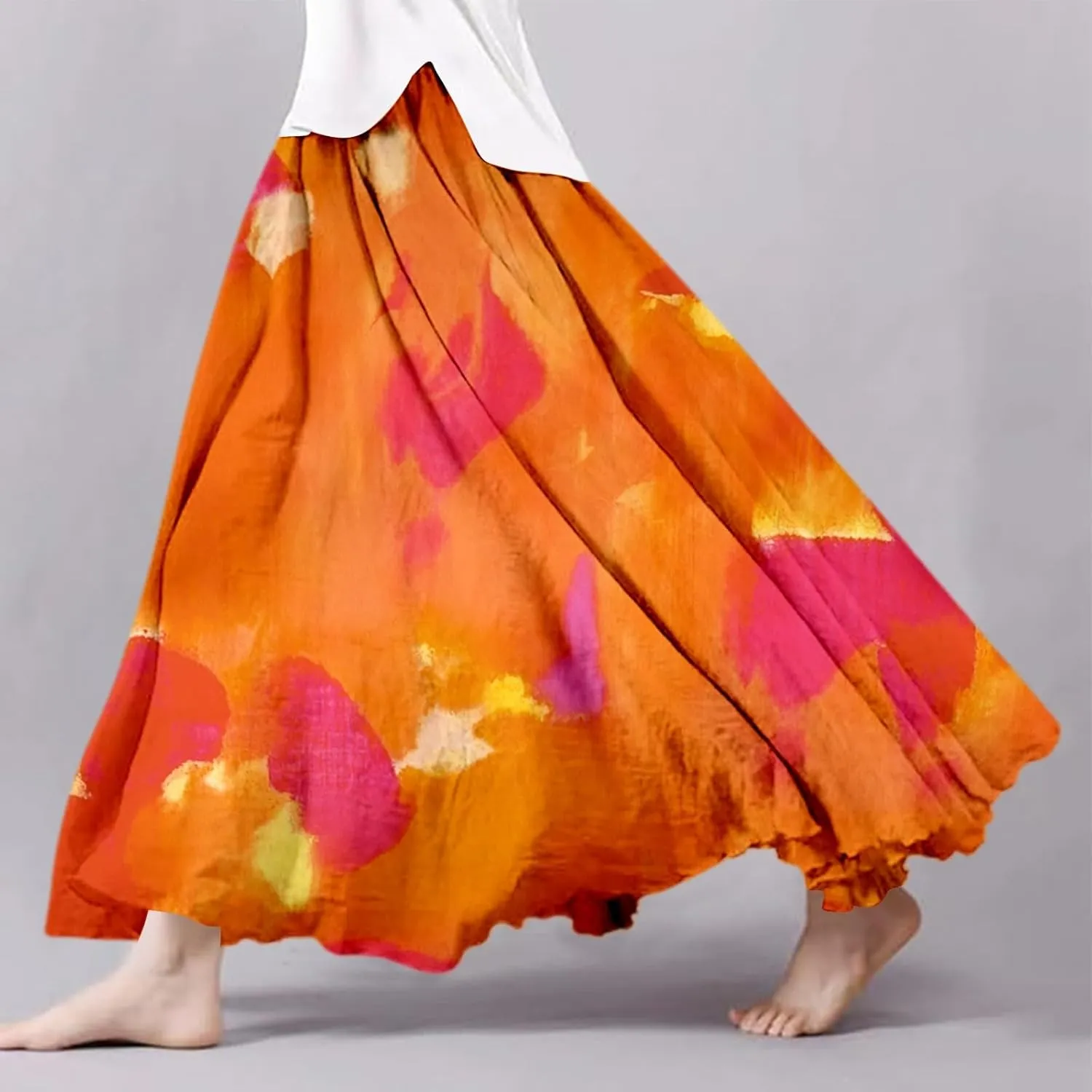 Flowy Skirts for Women Linen Tiered Ruffle Floral Long Skirt Flowy Summer 2025 High Waist Boho A Line Maxi Skorts