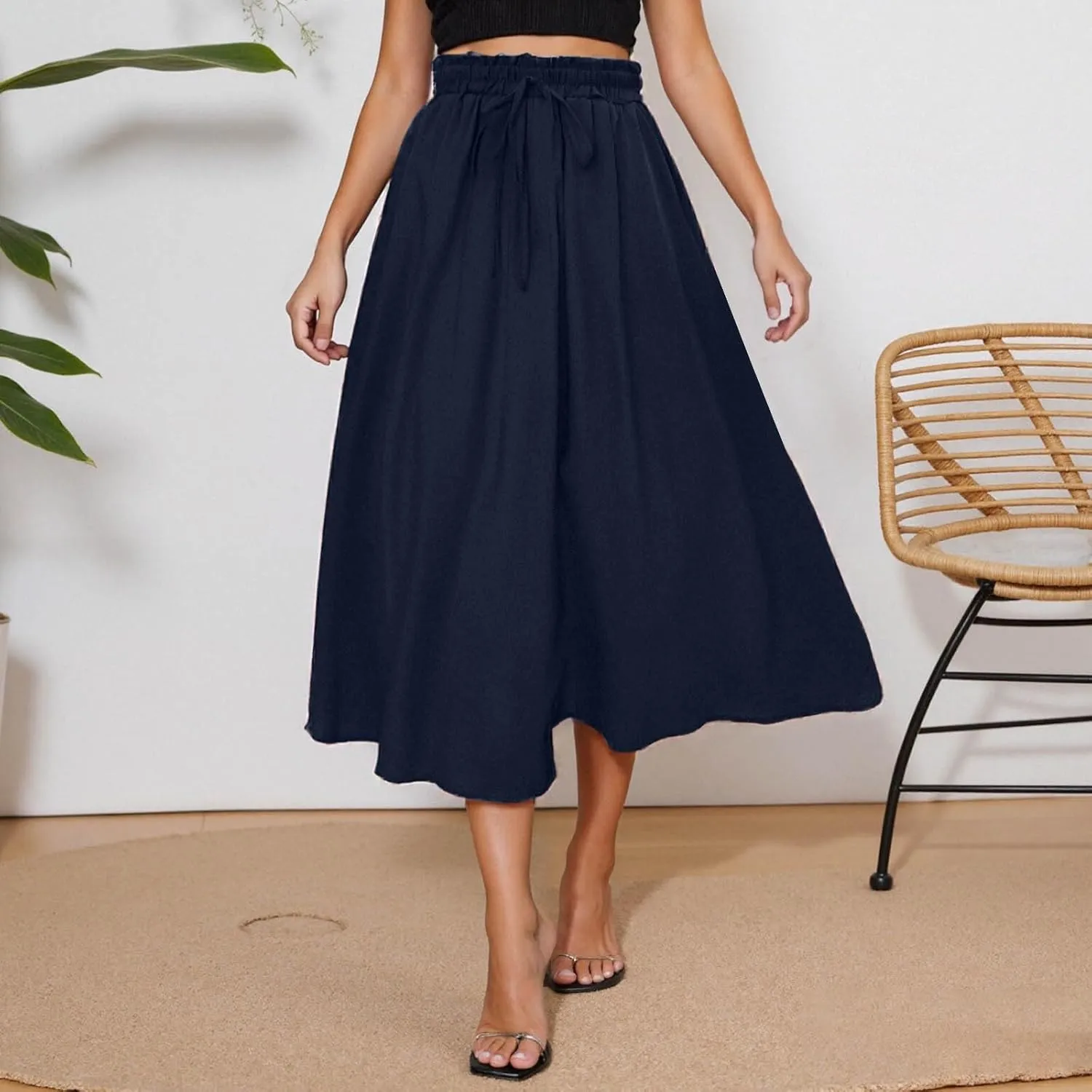 Flowy Skirts with Pockets for Women Long Midi Length Casual Skirt for Beach Party Holiday Drawstring Maxi Summer Skorts