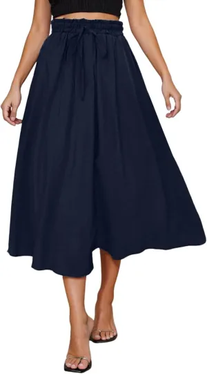 Flowy Skirts with Pockets for Women Long Midi Length Casual Skirt for Beach Party Holiday Drawstring Maxi Summer Skorts