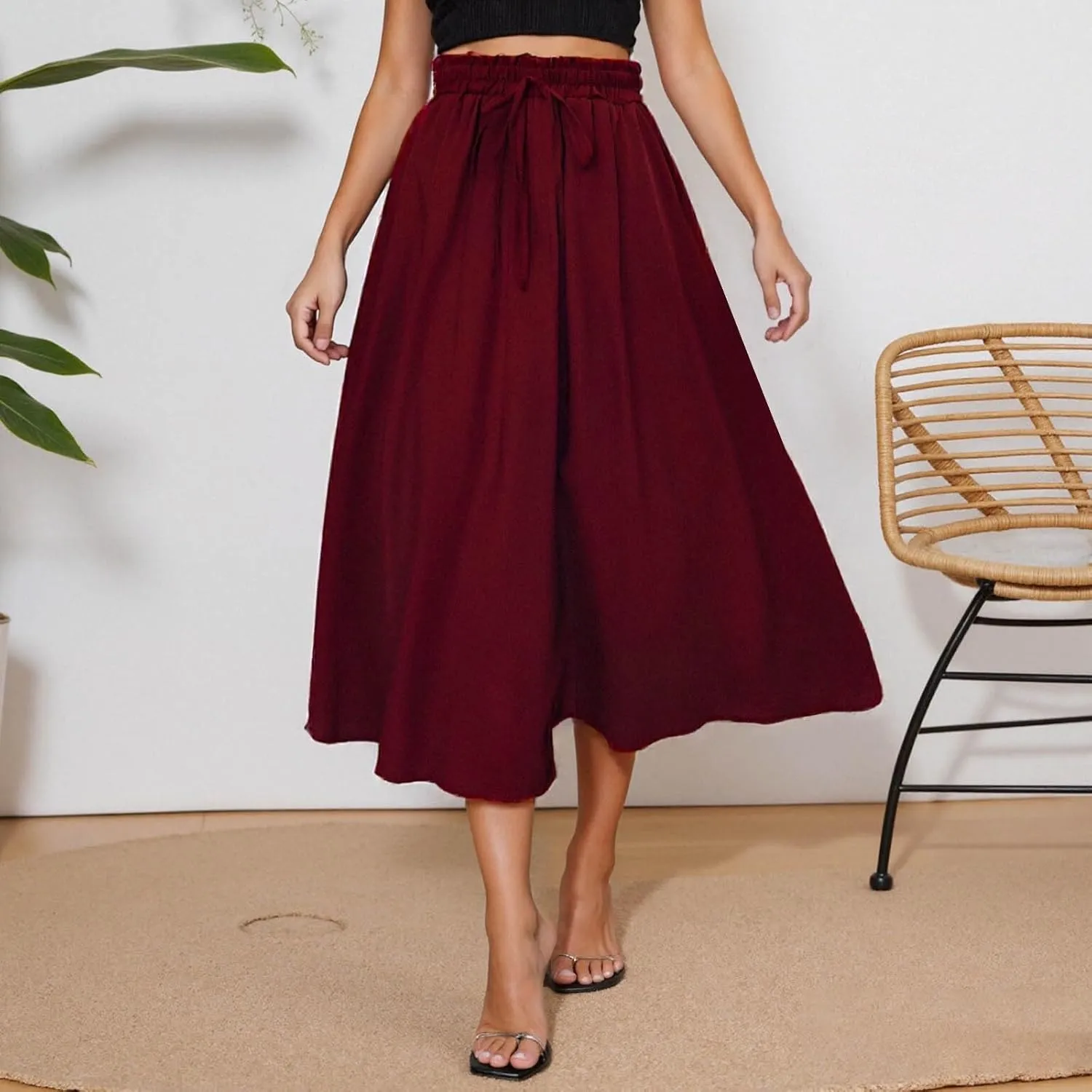 Flowy Skirts with Pockets for Women Long Midi Length Casual Skirt for Beach Party Holiday Drawstring Maxi Summer Skorts