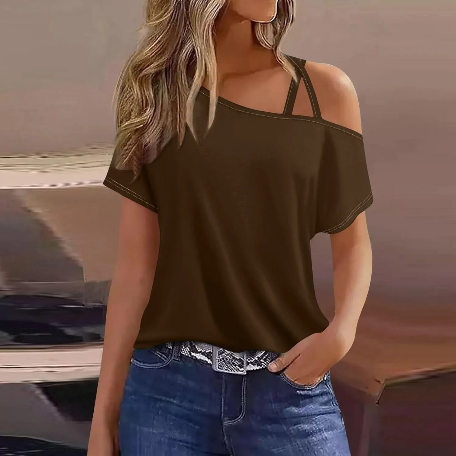 Generic 2024 Criss-Cross One Shoulder Tops Womens Sexy Cold Shoulder Shirts Casual Short Sleeve Tees Summer Vacation Blouses