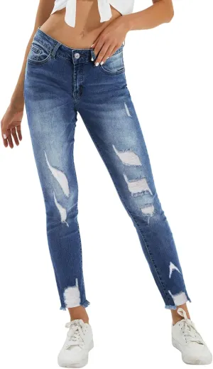 Genleck Women's Ripped Boyfriend Slim Fit Jeans Frayed High Waist Skinny Stretch Distressed Tapered Stretchy Denim Dark Blue