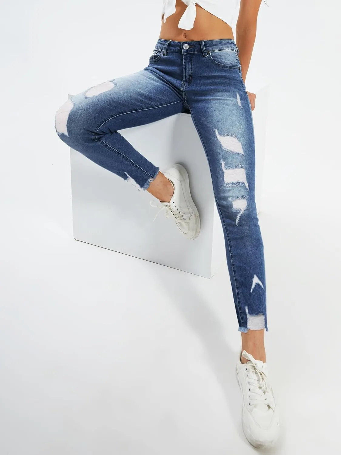 Genleck Women's Ripped Boyfriend Slim Fit Jeans Frayed High Waist Skinny Stretch Distressed Tapered Stretchy Denim Dark Blue